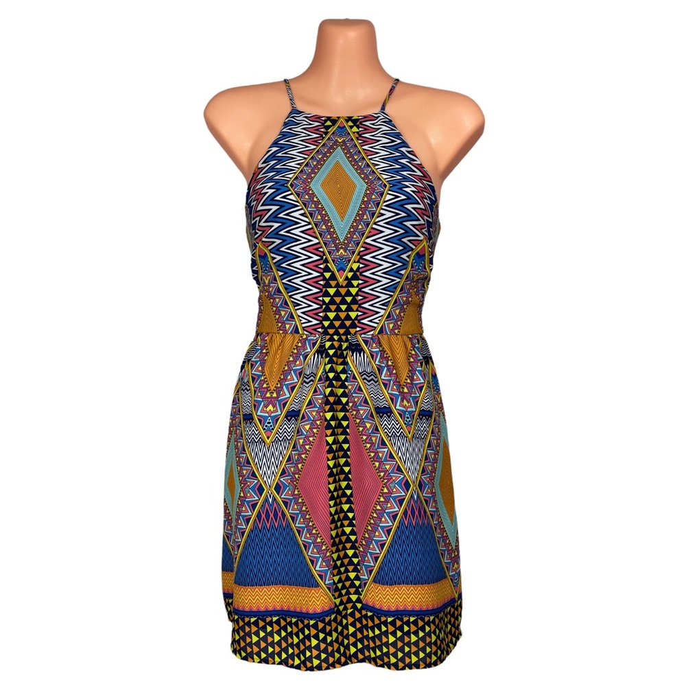 Gianni Bini Aztec A-line Halter Neck Spaghetti Strap Sleeveless Mini Sundress XS